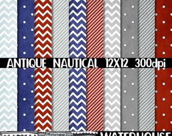 Digital Paper Pack Nautical  chevron polka dots & stripes distressed texture Digital Scrapbooking DIY Baby Shower Nautical Party Invitations