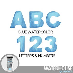 Letras y números de acuarela azul Descarga digital instantánea Conjunto de acuarela azul Alfabeto digital ABC Álbum de recortes digital Letras y números