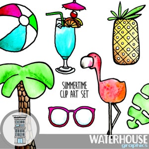 Tropical Summer Clip Art Set INSTANT DIGITAL DOWNLOAD Flamingo Palm tree Watercolor Hand drawn Summer elements Jpegs Pineapple Beach planner