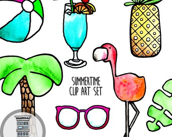 Tropisk sommar Clip Art Set DIREKT DIGITAL NEDLADDNING Flamingo Palmträd Akvarell Handritade Sommarelement Jpeg Ananas Strandplanerare