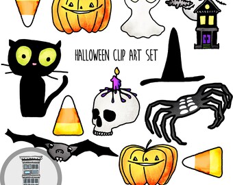 Conjunto de imágenes prediseñadas digitales de Halloween dibujadas a mano DESCARGA DIGITAL INSTANTÁNEA Scrapbooking digital Gato negro Marcos de Halloween Imprimibles Calabazas Calavera