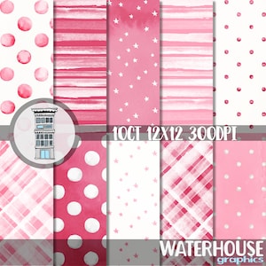 Confezione di carta digitale per acquerelli ROSA Download digitale immediato Scrapbooking Puntini acquerelli Strisce acquerelli Stelle Sfondi Diario Carte