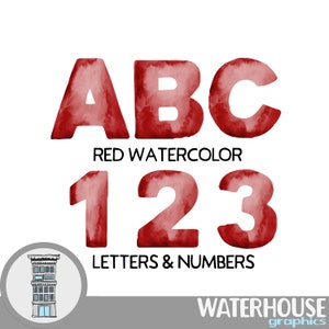 Letras y números de acuarela ROJO Descarga digital instantánea Conjunto de acuarela roja Alfabeto digital ABC letras y números para scrapbooking digital