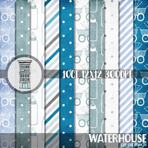 Digital BLUE Baby Boy Paper Pack INSTANT DOWNLOAD Blue Teal Periwinkle Baby Boy Papers Baby Carriage Baby bottles Baby Boy Shower