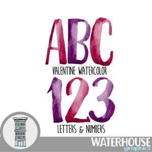 Letras y números en acuarela rosa y violeta Descarga digital instantánea Conjunto de acuarela ROSA para el día de San Valentín Tarjetas con letras del alfabeto digital ABC