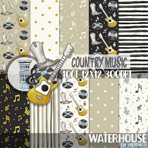Countrymuziek digitaal papieren pakket digitale scrapbooking Cowboylaarzen gitaren muzieknotities platen Nashville countrymuziek themapapieren