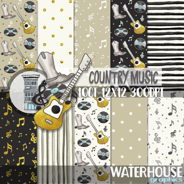 Country Music digital paper pack digital scrapbooking Cowboy boots guitars music notes records Nashville country music theme papers