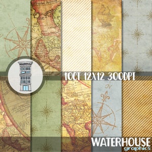 May include: A digital collage of 10 vintage map and compass designs. The collage is 12 inches by 12 inches and 300 DPI. The text "10CT 12X12 300DPI" and "WATERHOUSE graphics" is included in the collage.