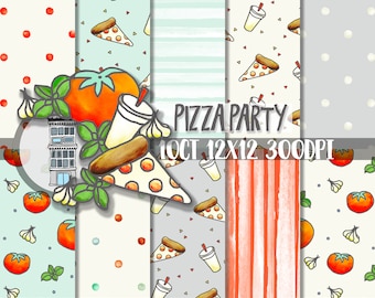 Pizza Party paper pack, digital scrapbooking papers, pizza background, tomatoes, basil, garlic, restaurant backgrounds, pizza party cards