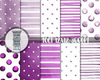 Paquete de papel digital de acuarela púrpura brillante DESCARGA digital INSTANTÁNEA Acuarela púrpura Lunares lilas Rayas de acuarela fondos papel