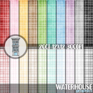Op de afbeelding: Een verzameling van 20 digitale papierontwerpen met een ruitpatroon in verschillende kleuren, waaronder rood, roze, geel, bruin, groen, blauw, paars en zwart. De afbeelding bevat de tekst "20CI 12x12 300DPI" en "WATERHOUSE graphics".