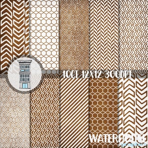 May include: Set of 10 digital paper patterns in brown and white with geometric designs. The patterns include arrows, hexagons, stripes, and more. 10CT 12x12 300DPI WATERCOLOR.