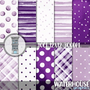 PURPLE Watercolor Digital Paper Pack Instant digital DOWNLOAD Lilac Watercolor Dots Watercolor Stripes stars backgrounds journal cards
