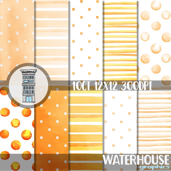 Watercolor Bright Orange Digital Paper Pack INSTANT digital DOWNLOAD Peach Watercolor Polka dots Flesh Watercolor Stripes backgrounds papel