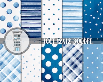 Watercolor BLUE Digital Paper Pack INSTANT digital DOWNLOAD Blue Watercolor Polka dots Watercolor Stripes backgrounds Stars Plaid Baby boy