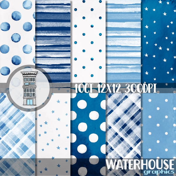 Aquarell BLAU Digital Paper Pack SOFORTIGER digitaler DOWNLOAD Blau Aquarell Tupfen Aquarell Streifen Hintergründe Sterne kariert Baby Junge