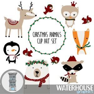 Clipart numérique animaux de Noël rouge et vert Noël ours polaire renard raton laveur pingouin oiseaux cerfs vacances clipart scrapbooking numérique