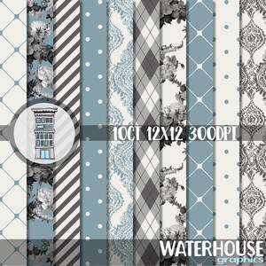 Confezione di carta digitale Blue Cream Download digitale istantaneo Motivi floreali vintage Damasco Scrapbooking digitale Planner Stampabili Biglietti Matrimonio