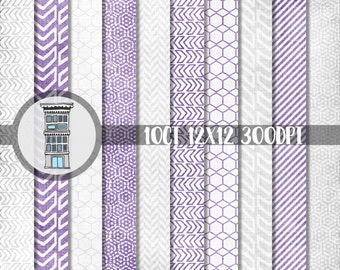 Digital Paper Pack INSTANT DOWNLOAD Scrapbooking Papers Purple Gray Hexagons Arrow Geometric patterns digital scrapbook pages