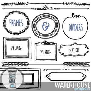 May include: Black and white graphic elements including frames, dividers, arrows, and decorative borders. Text includes "FRAMES", "DIVIDERS", "24 JPEGS", "24 PNGS", and "300 DPI". The image also features the text "WATERHOUSE graphics".
