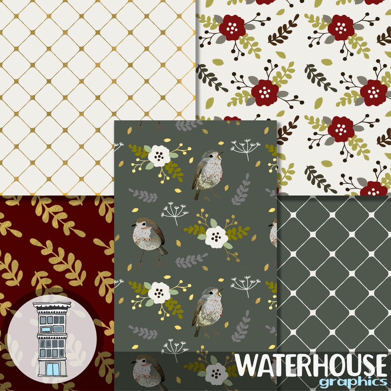 Christmas GOLD Digital Paper Pack Hand Drawn Birds Floral Patterns ...
