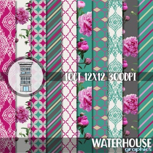 Pink Turquoise Digital PAPER PACK Instant Download Bright Pink Peonies Damask Quatrefoil Digital Scrapbooking Papers Patterns Cardmaking