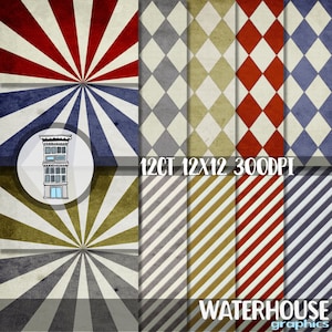 Vintage Circus Digital Papers in brick red, golden olive, silver gray and slate blue. Perfect for kids circus party invitations scrapbooking