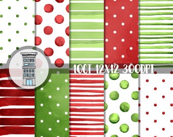 Christmas Watercolor Papers Bright RED & GREEN Digital Paper Pack INSTANT digital download Watercolor Polka dots Stripes backgrounds papel