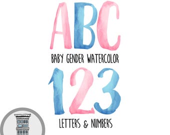 PINK Baby blue gender Watercolor Letters Numbers Instant Digital Download pink baby blue watercolor set Digital Alphabet ABCs lettering card