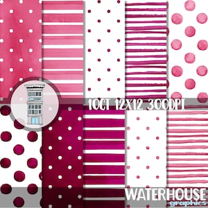 Pack de papier numérique aquarelle rose chaud TÉLÉCHARGEMENT numérique instantané Fuschia aquarelle à pois aquarelle rayures arrière-plans Shower de bébé fille