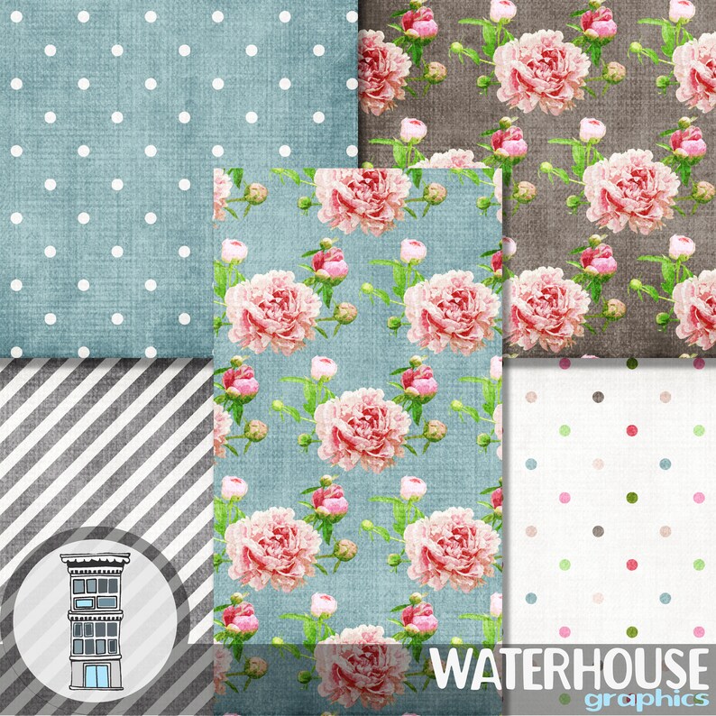 Pink Peonies Teal Digital Floral PAPER PACK Instant Download Rose Pink ...