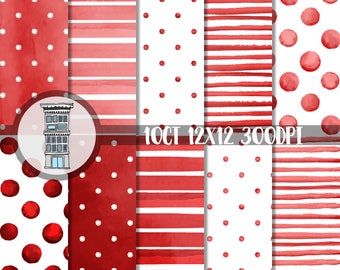 Watercolor Scarlet Red Digital Paper Pack INSTANT digital DOWNLOAD Ruby red Watercolor Polka dots Watercolor RED stripes backgrounds papel