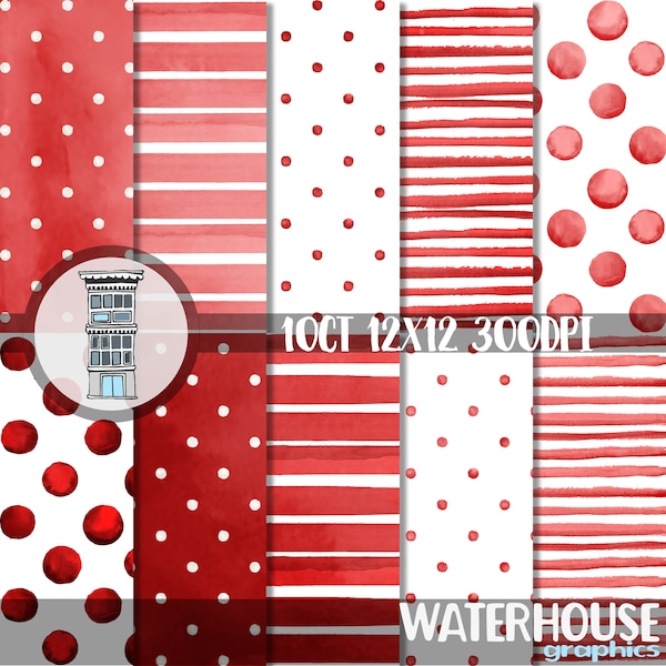 Watercolor Scarlet Red Digital Paper Pack INSTANT digital DOWNLOAD Ruby red Watercolor Polka dots Watercolor RED stripes backgrounds papel