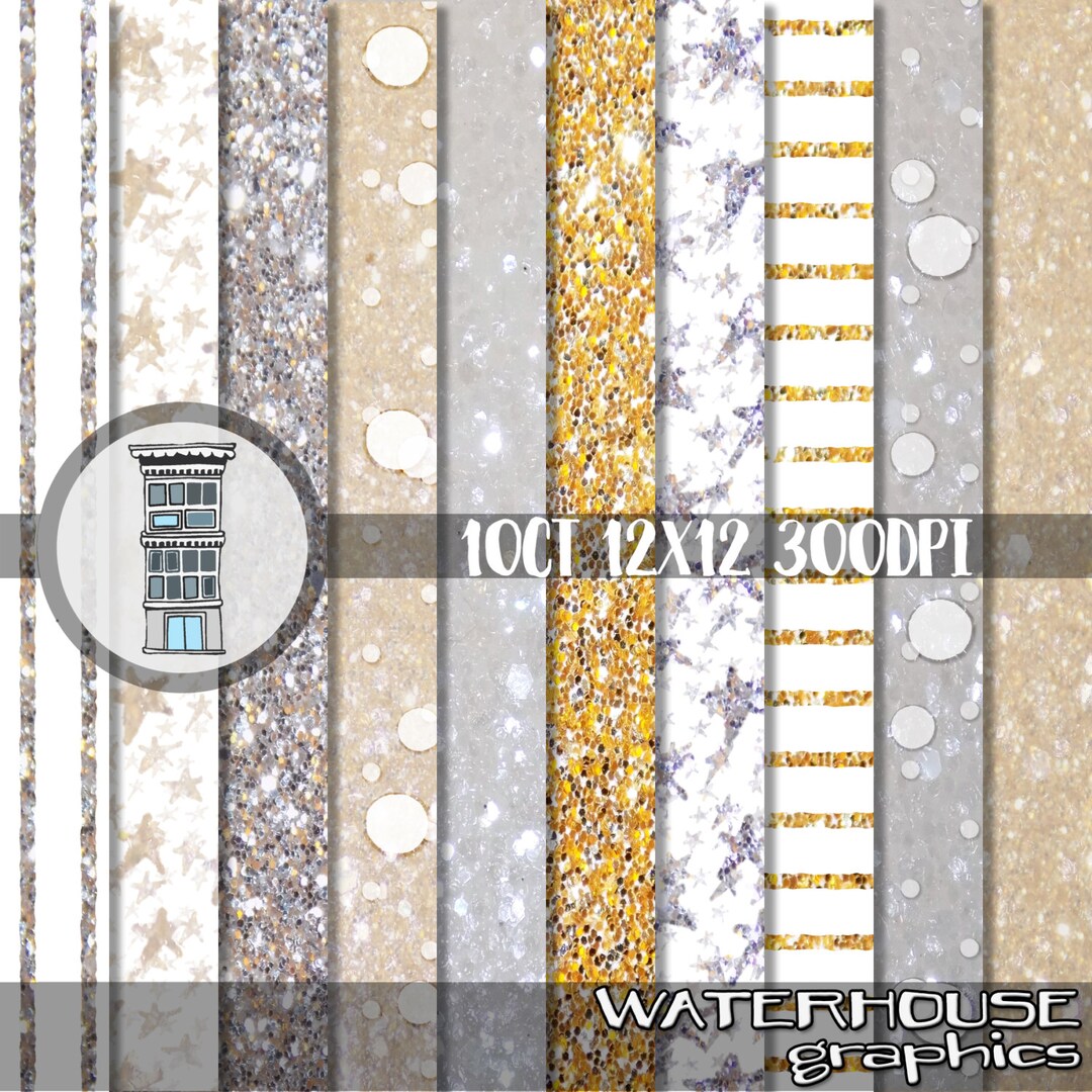 GOLD & SILVER Holiday Digital Paper Glitter Bokeh Stars Stripes Bling ...