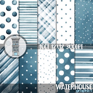 Watercolor BLUE Digital Paper Pack INSTANT digital DOWNLOAD Blue Watercolor Polka dots Watercolor Stripes backgrounds Baby Boy shower papel