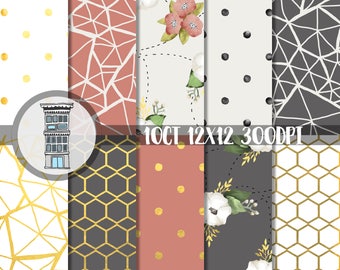 Rose GOLD Floral Digital Paper delicate flowers, rose gold geometric hexagons, sweet pink flowers, cute watercolor floral, gift wrap planner