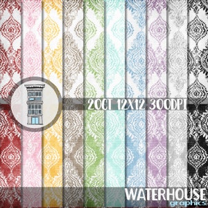 Digital DAMASK Paper Pack INSTANT DOWNLOAD Assorted colors Damask patterns distressed slight linen textured background 20 12x12 scrap papers