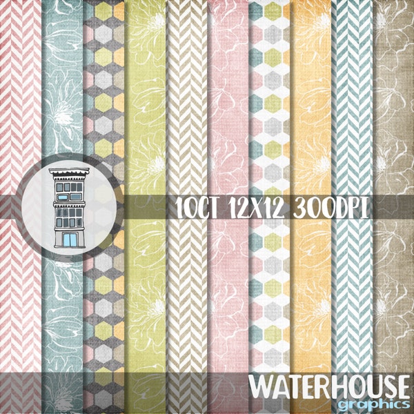 Digital Paper Pack INSTANT DOWNLOAD Floral Spring colors Herringbone Hexagons Distressed textures Digital Scrapbooking papers Easter cards