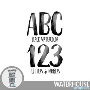 Letras de aquarela preta Números Download digital instantâneo Conjunto de aquarela preta Alfabeto digital ABCs scrapbooking digital letras números