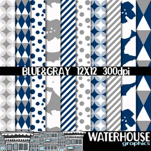 Digital Paper Pack Blue & Gray INSTANT DIGITAL DOWNLOAD Floral prints Stripes Geometrical patterns Digital Scrapbooking Planner Printables