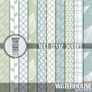 Pacchetto di carta per scrapbooking digitale DOWNLOAD IMMEDIATO con motivi a quadri floreali, foglie blu e verde salvia, carte digitali, planner stampabili