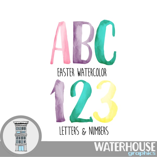 Easter Watercolor Letters Numbers Instant Digital Download Pink Purple Teal watercolor set Digital Alphabet ABCs Holiday lettering cards