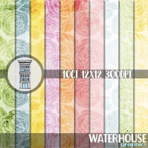 Floral Digital Paper Pack Aquarell Hintergründe mit Hand gezeichneten Pfingstrosen in verschiedenen Farben SOFORTIGER DOWNLOAD Digital Scrapbook Papiere Karten