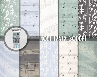 Musical DIGITAL PAPER PACK Sage Green Sky Blue Distressed music notes Instant Download Digital scrapbooking planner printables cards