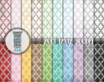 Digital Scrapbook Paper Pack Quatrefoil INSTANT DIGITAL DOWNLOAD Aged vintage distressed quatrefoil pack 20 papers planner stickers card