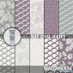Pack de papier numérique cachemire TÉLÉCHARGEMENT IMMÉDIAT violet gris crème pétoncles dessinés à la main scrapbooking planificateur imprimables cartes papercrafts