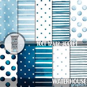 Pack de papier numérique bleu aquarelle TÉLÉCHARGEMENT numérique instantané Papier pour douche bébé garçon bleu marine à pois aquarelle