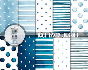 Watercolor BLUE Digital Paper Pack INSTANT digital DOWNLOAD Navy Watercolor Polka dots Watercolor Stripes backgrounds Baby Boy shower papel