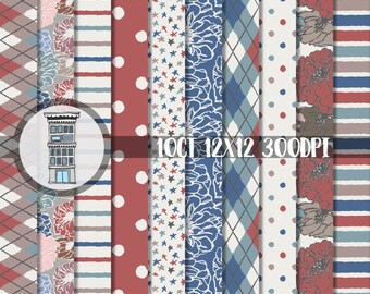 Digital Scrapbook PAPER PACK red white blue Floral Argyle Polka Dots Stripes Stars Independence day 4th of July Digital Scrapbooking Cards