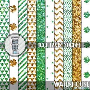 St Patricks Digital Paper Pack Gold glitter Green glitter shamrock patterns irish green sparkle St. Paddys day bling digital scrapbooking
